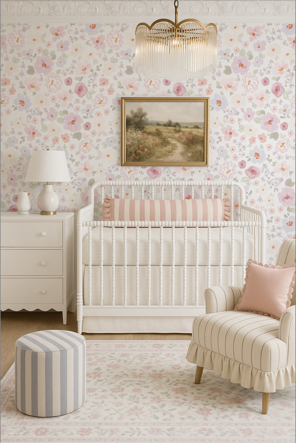 Nursery room with floral wallpaper, white crib, and decorative elements.