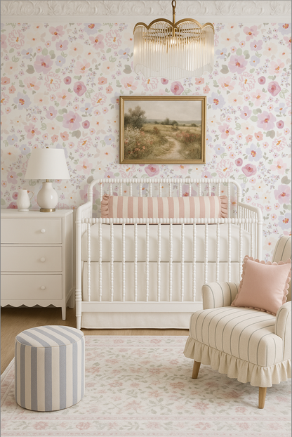 Nursery room with floral wallpaper, white crib, and decorative elements.