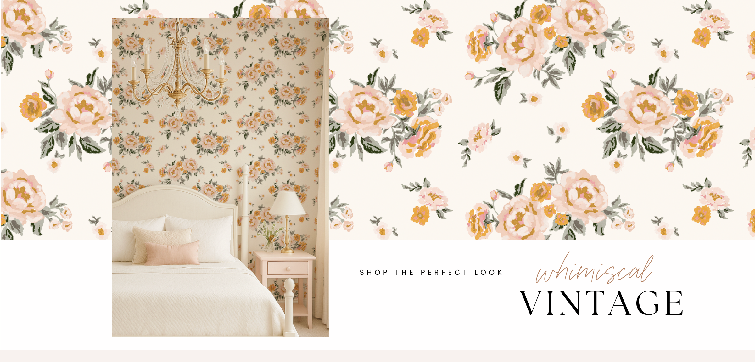 Bedroom with floral wallpaper and 'Whimsical Vintage' text