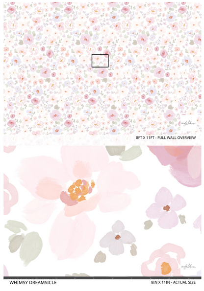 Pastel pink and purple Floral patterned peel and stick wallpaper with a white background