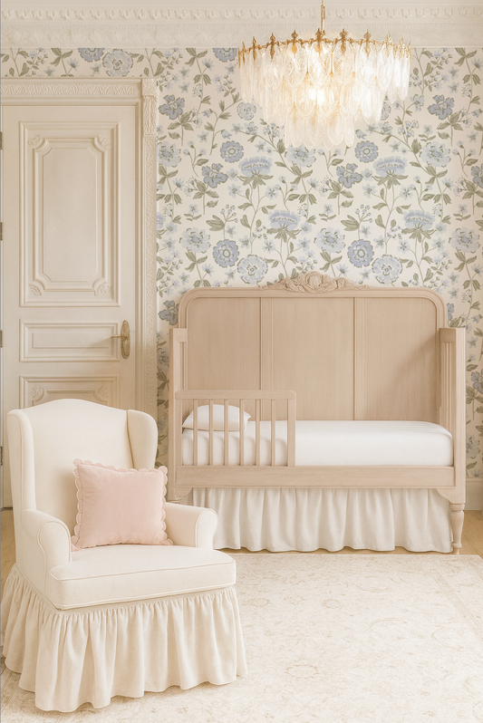 blue floral wallpaper in classy baby room with vintage chandelier ruffle chair and victorian style room.