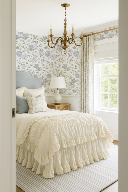 blue floral country cottage room with wallpaper vintage chandelier and white ruffle bedding