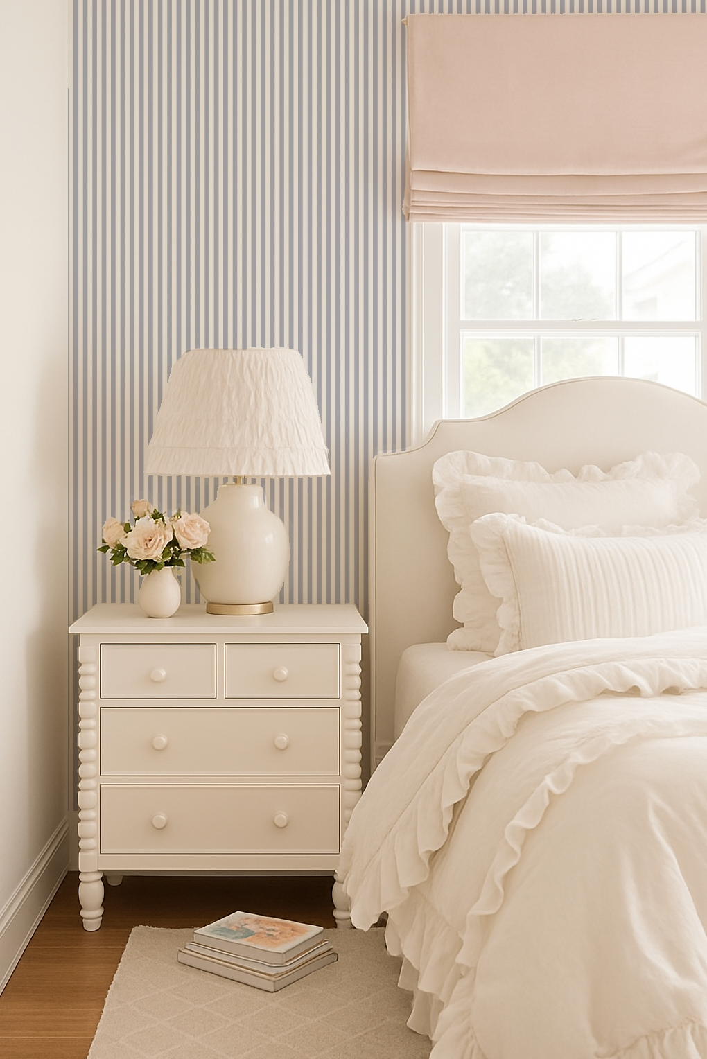 Elegant blue grey stripe wallpaper in cozy bedroom with white furniture.