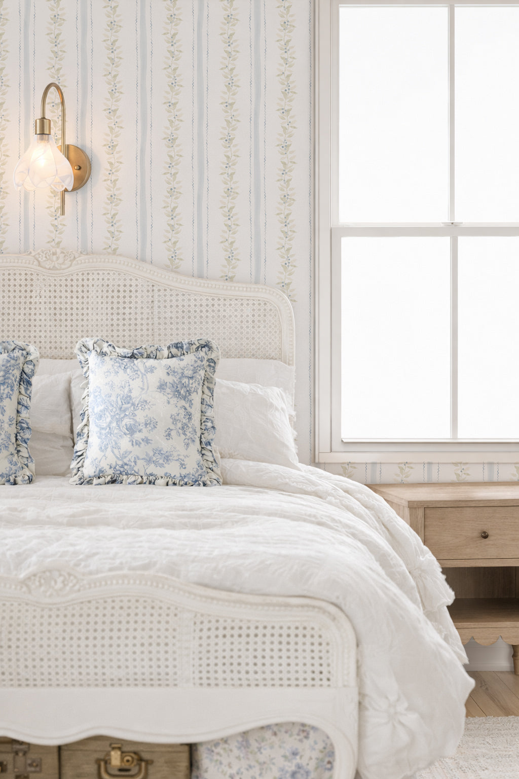Bedroom with Blueberry vines wallpaper in cream and sage with floral pillows.