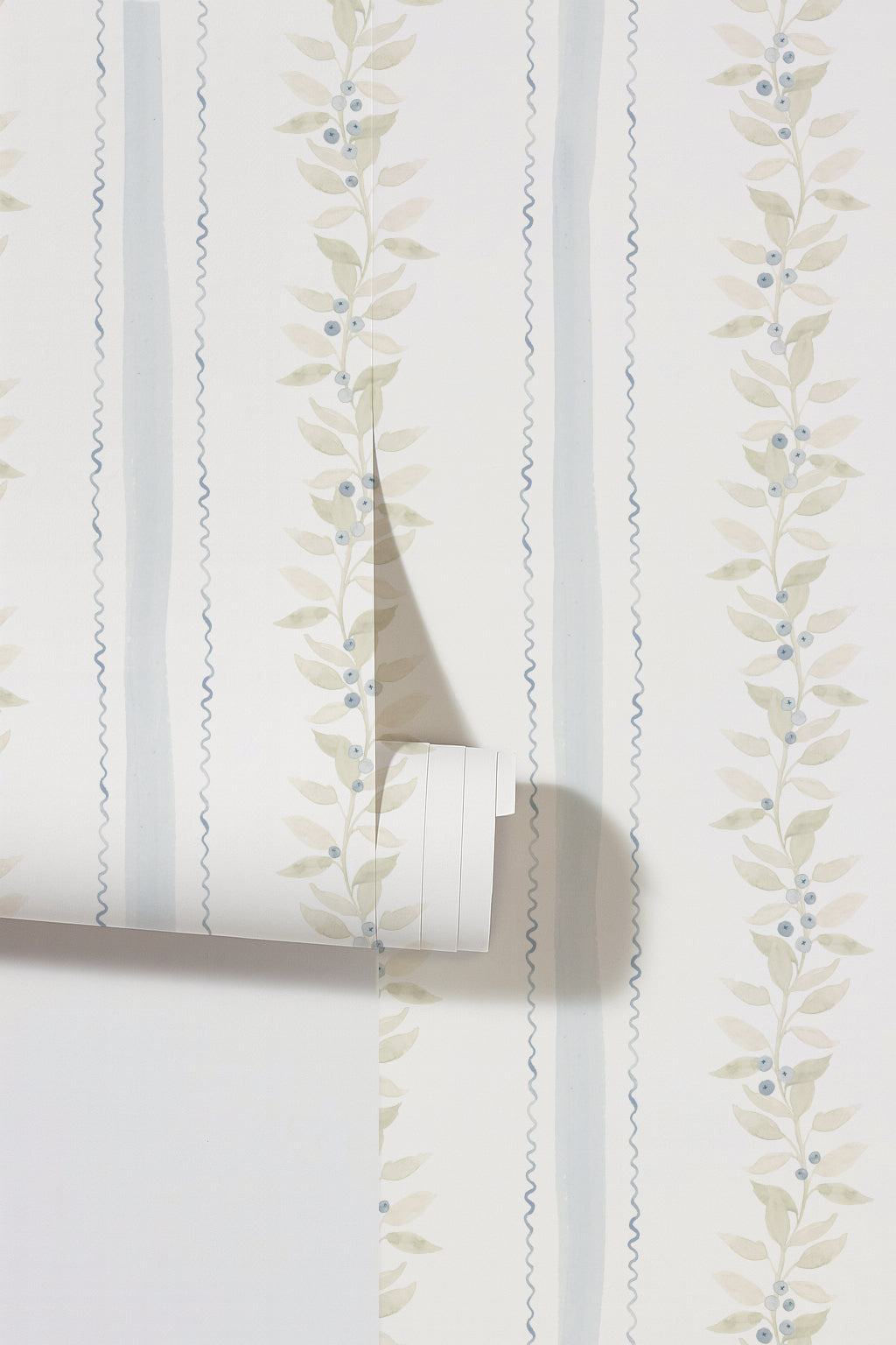 Blueberry vines wallpaper with sage and gold leaves on cream background