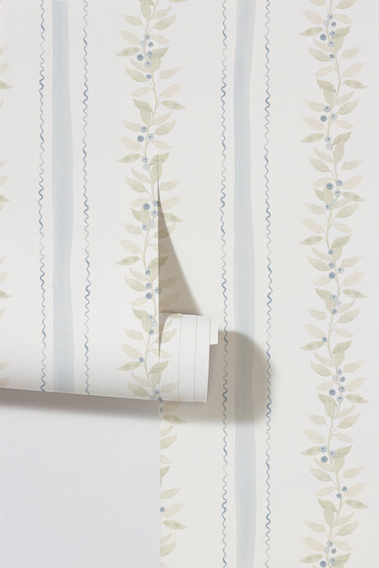 Blueberry vines wallpaper with sage and gold leaves on cream background