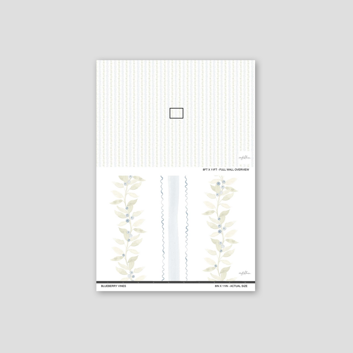 Blueberry vines wallpaper with sage and gold leaves on cream background sample