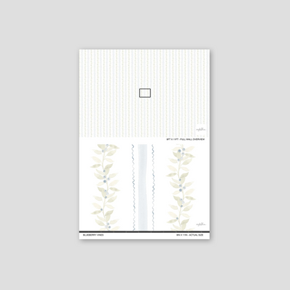 Blueberry vines wallpaper with sage and gold leaves on cream background sample