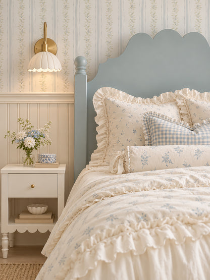 Blueberry vines wallpaper in serene bedroom with blue headboard and floral bedding.