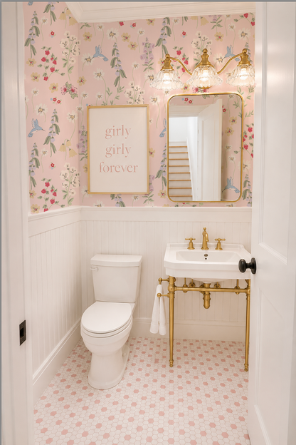 Bathroom with blush floral wallpaper featuring hummingbirds and flowers, white fixtures, and gold accents.