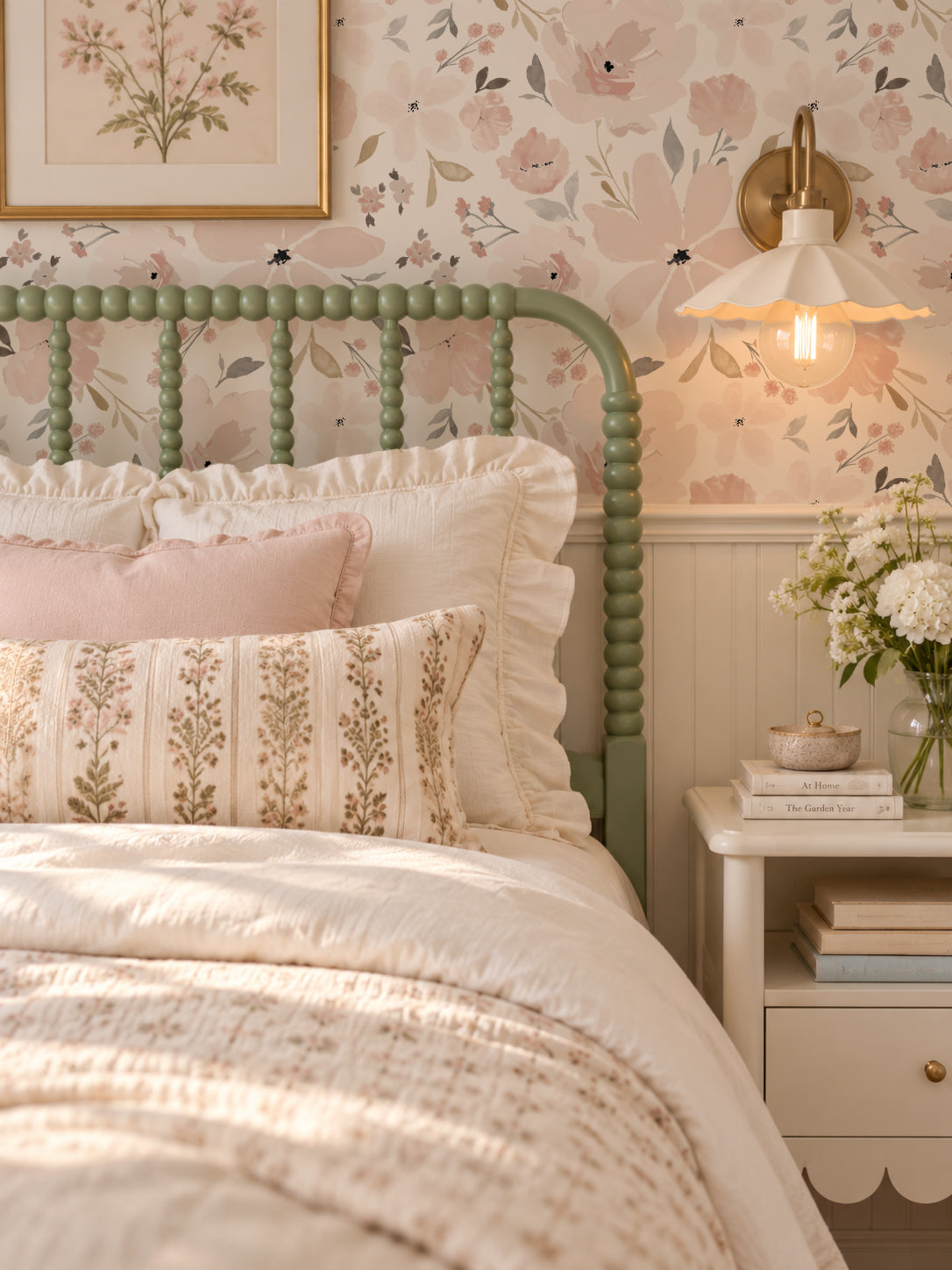 Blush floral wallpaper in cozy bedroom with green bed and soft lighting.