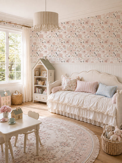 Blush floral wallpaper in cozy nursery with white daybed and pastel decor.