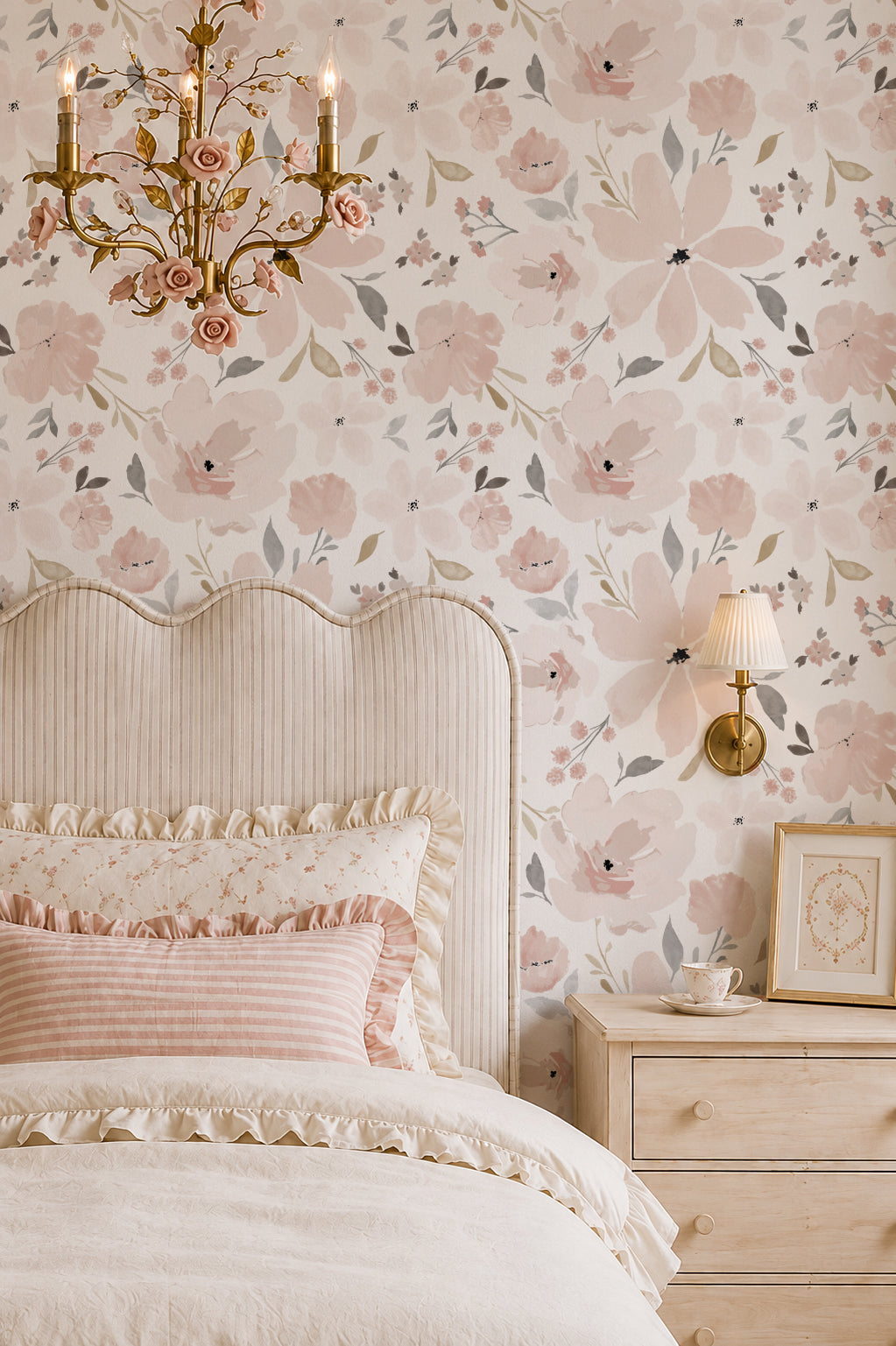 Blush floral wallpaper in elegant bedroom with vintage decor and soft lighting.