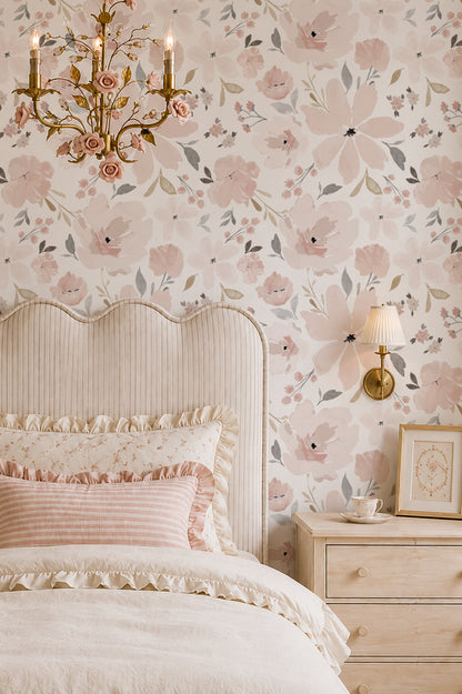 Blush floral wallpaper in elegant bedroom with vintage decor and soft lighting.