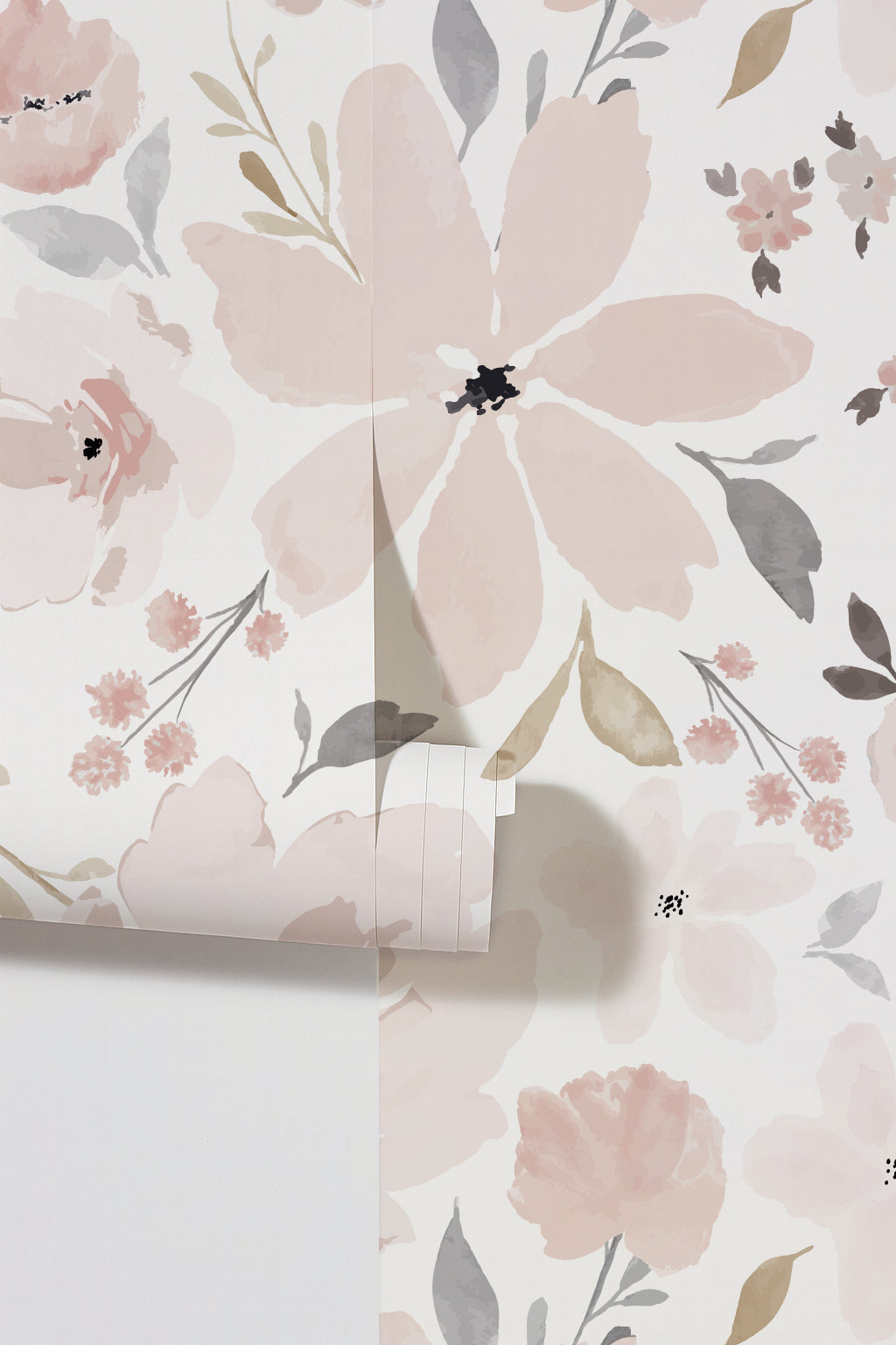 Blush floral wallpaper with pink and taupe flowers and leaves on a light background.