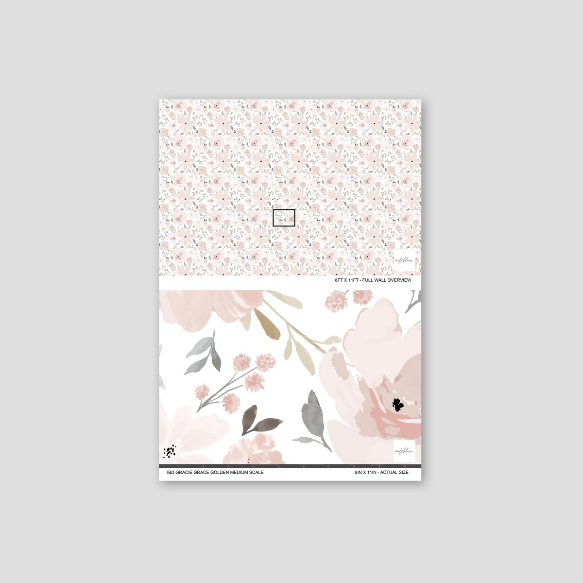 Blush floral wallpaper with pink and taupe petals and leaves on a white background.