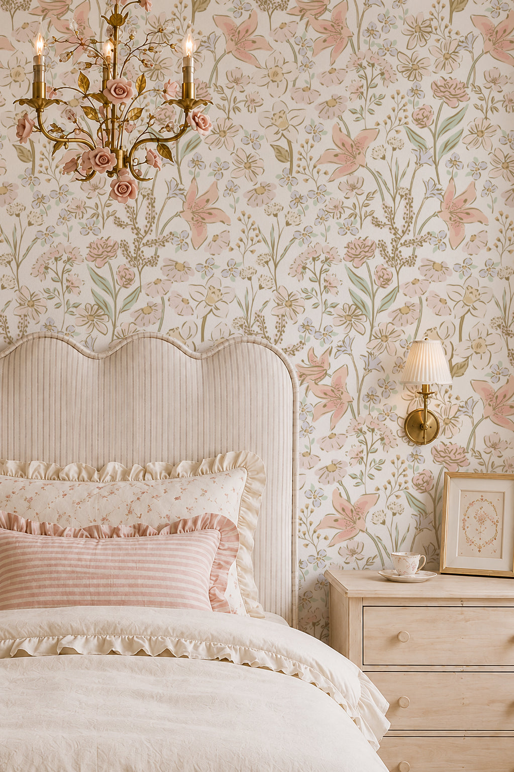 Blush floral wallpaper in bedroom with vintage decor and soft lighting.