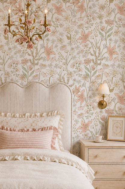 Blush floral wallpaper in bedroom with vintage decor and soft lighting.