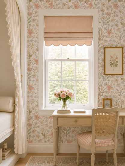 Blush floral wallpaper in elegant bedroom with vintage decor and soft lighting.