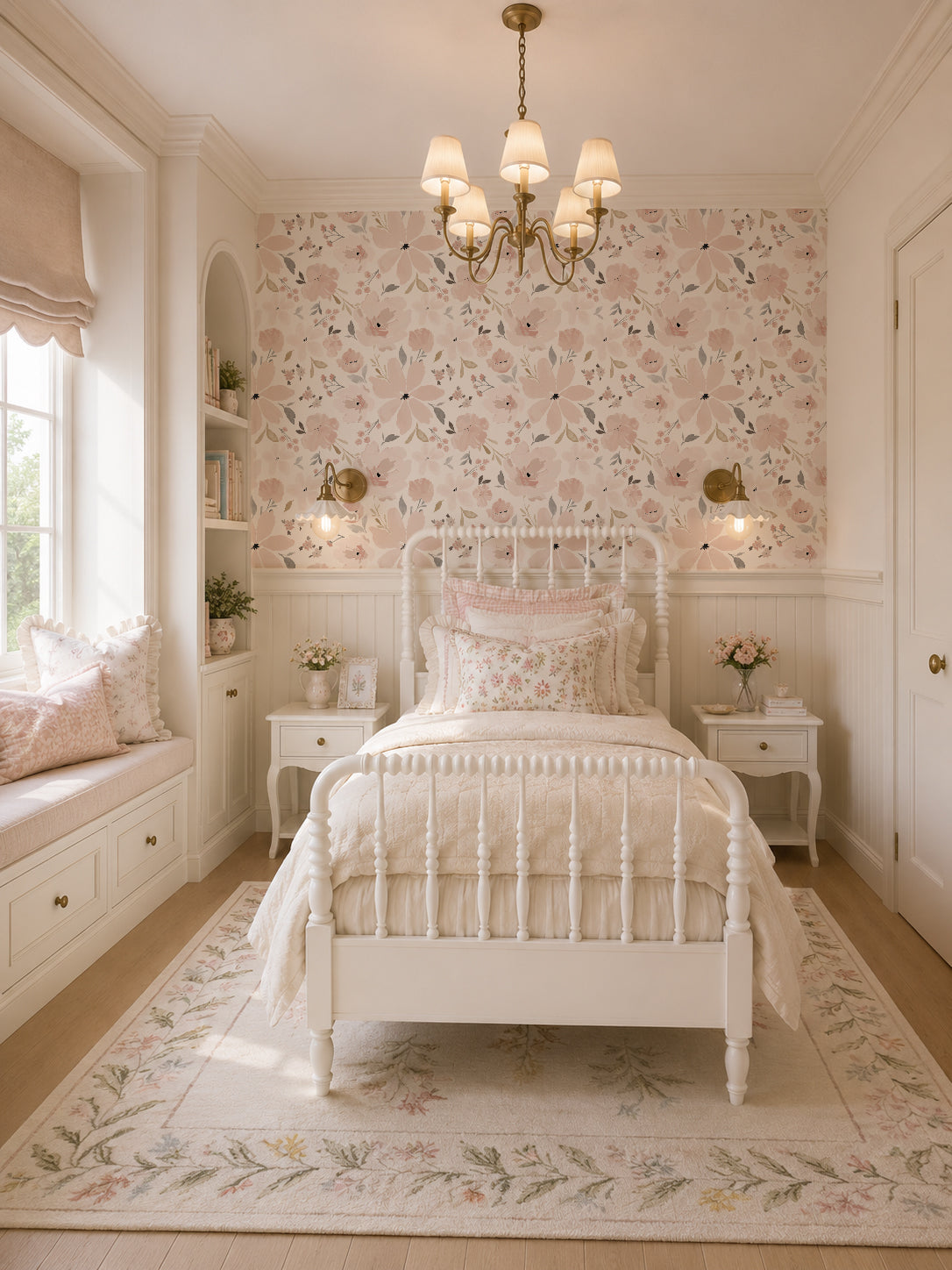Blush floral wallpaper in elegant bedroom with vintage decor and white furniture.
