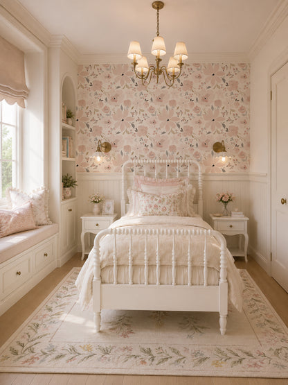Blush floral wallpaper in elegant bedroom with vintage decor and white furniture.