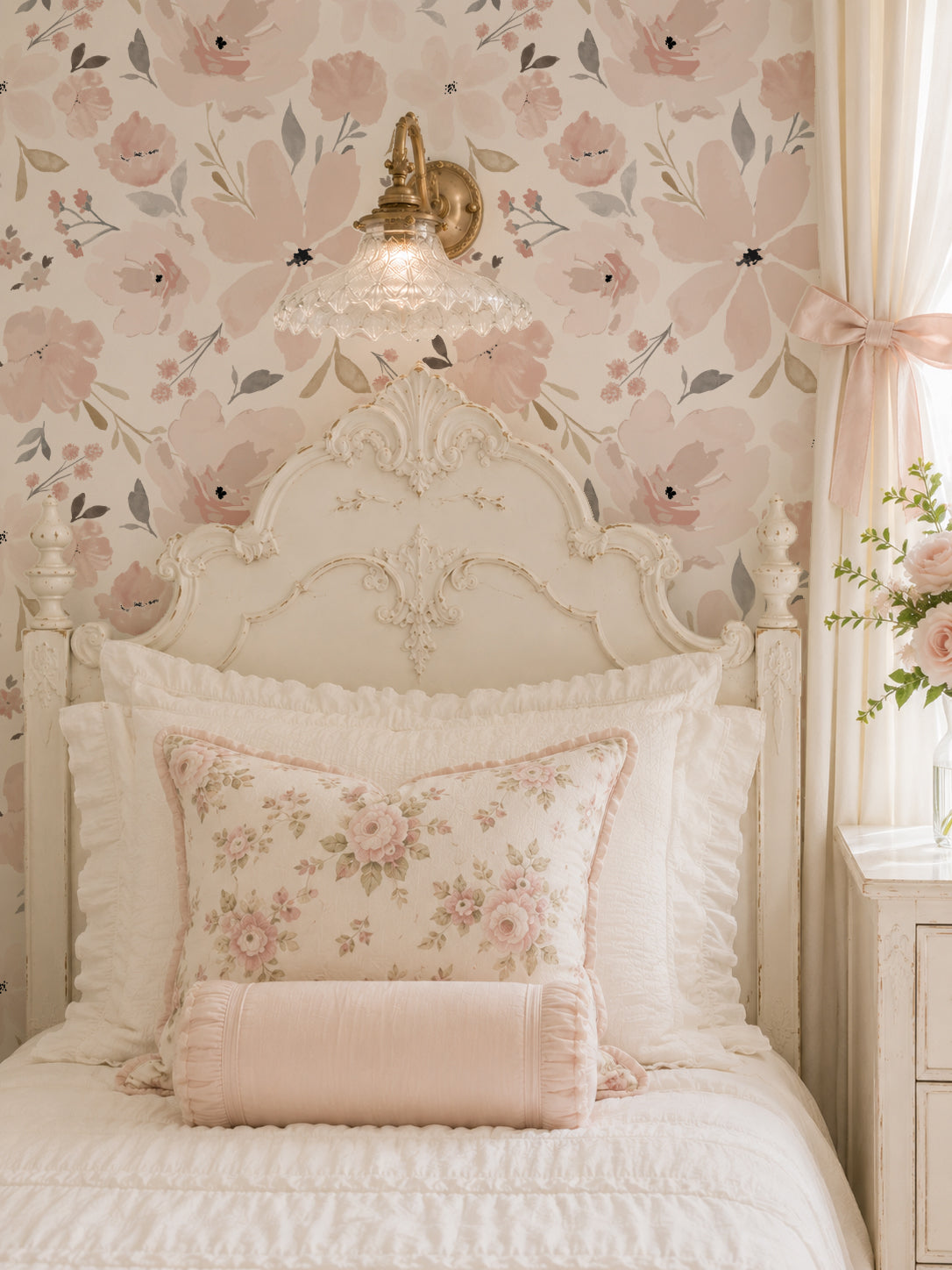 Blush floral wallpaper in elegant vintage bedroom with ornate bed.