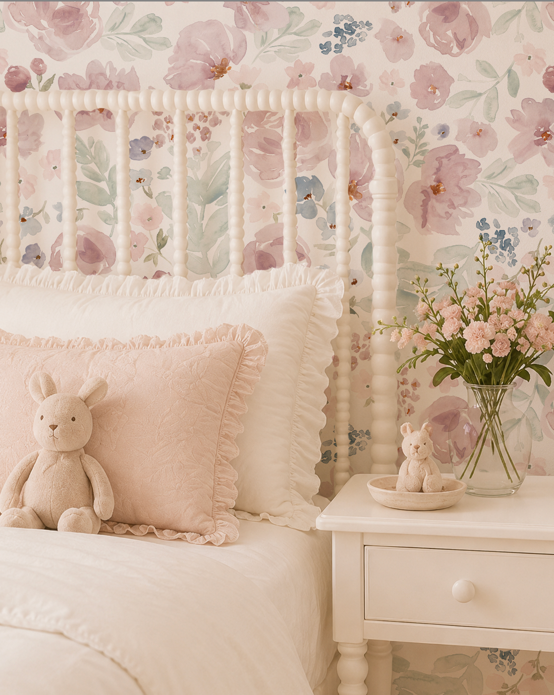 Floral wallpaper with blush pink and blue flowers in cozy bedroom setting.