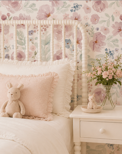 Floral wallpaper with blush pink and blue flowers in cozy bedroom setting.