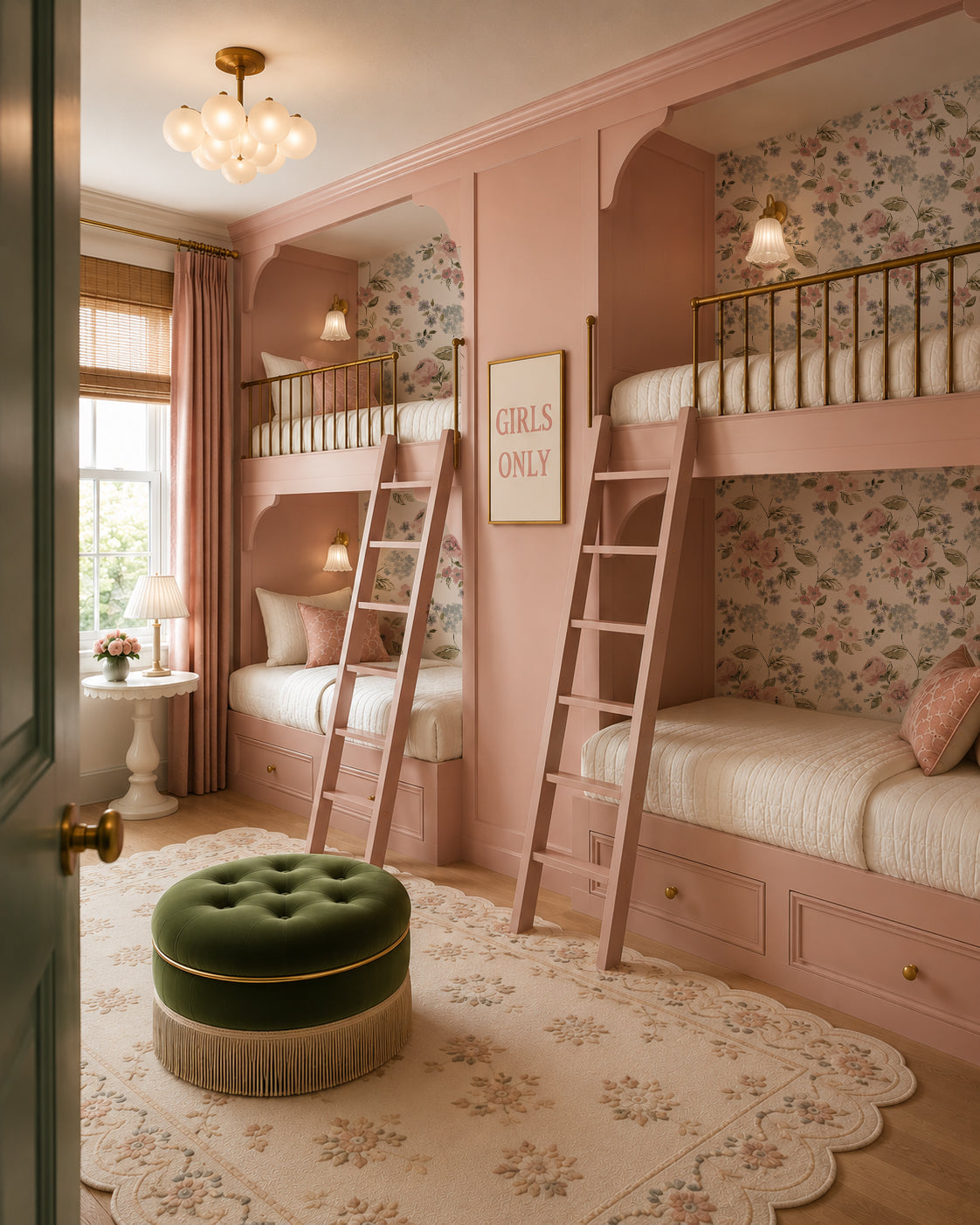 Blush pink and light blue floral wallpaper in a cozy girls' bedroom with bunk beds.
