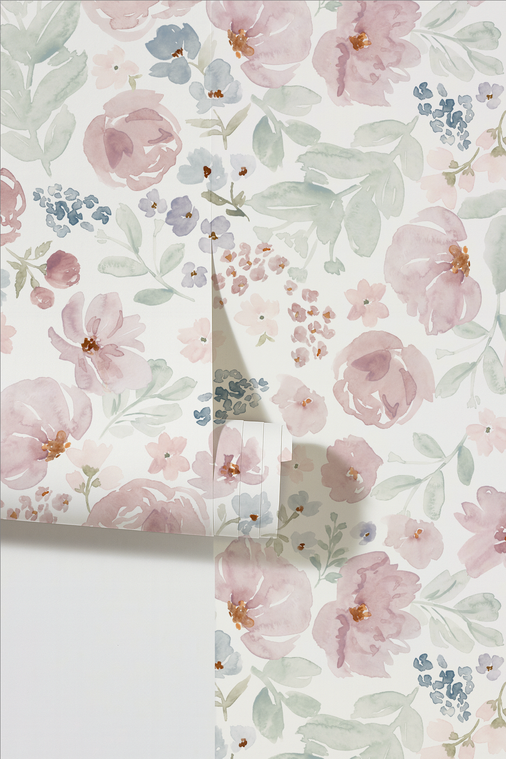 Blush pink and sage green floral wallpaper with watercolor roses and leaves.