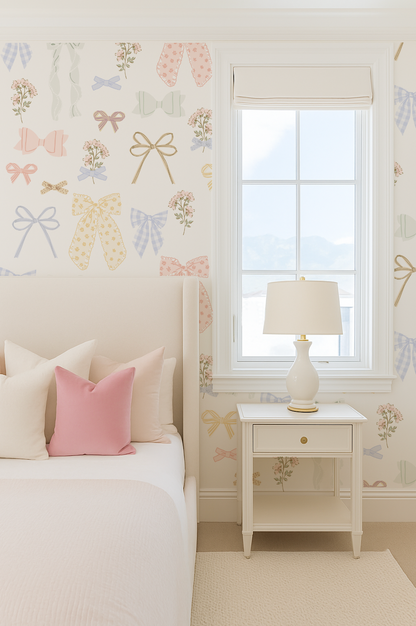 Bedroom with floral wallpaper, bed with pink and white pillows, and nightstand with lamp.