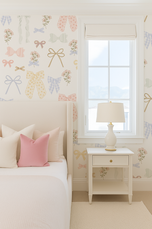 Bedroom with floral wallpaper, bed with pink and white pillows, and nightstand with lamp.