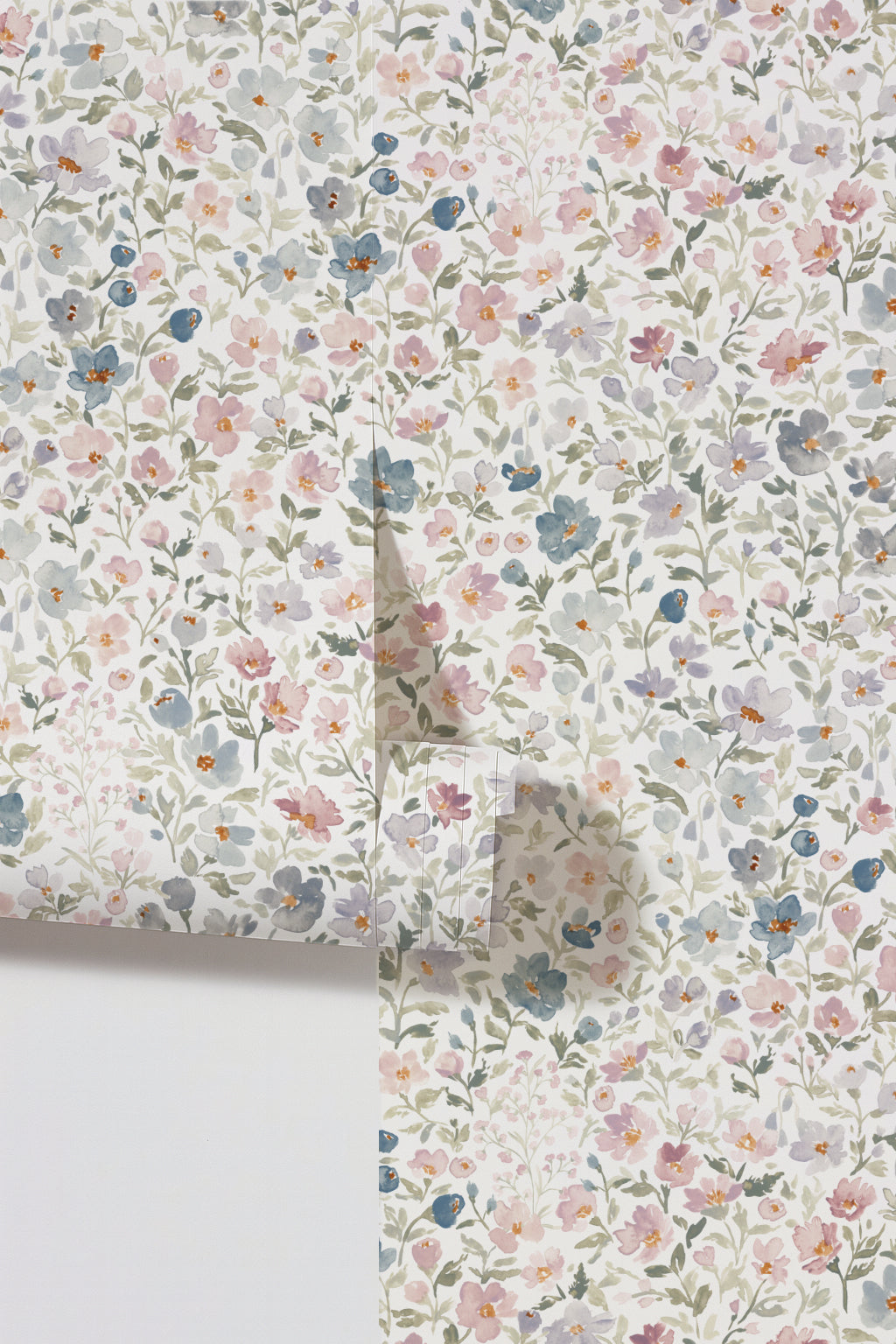 Floral wallpaper with blush, lavender, and sage flowers on a white background.