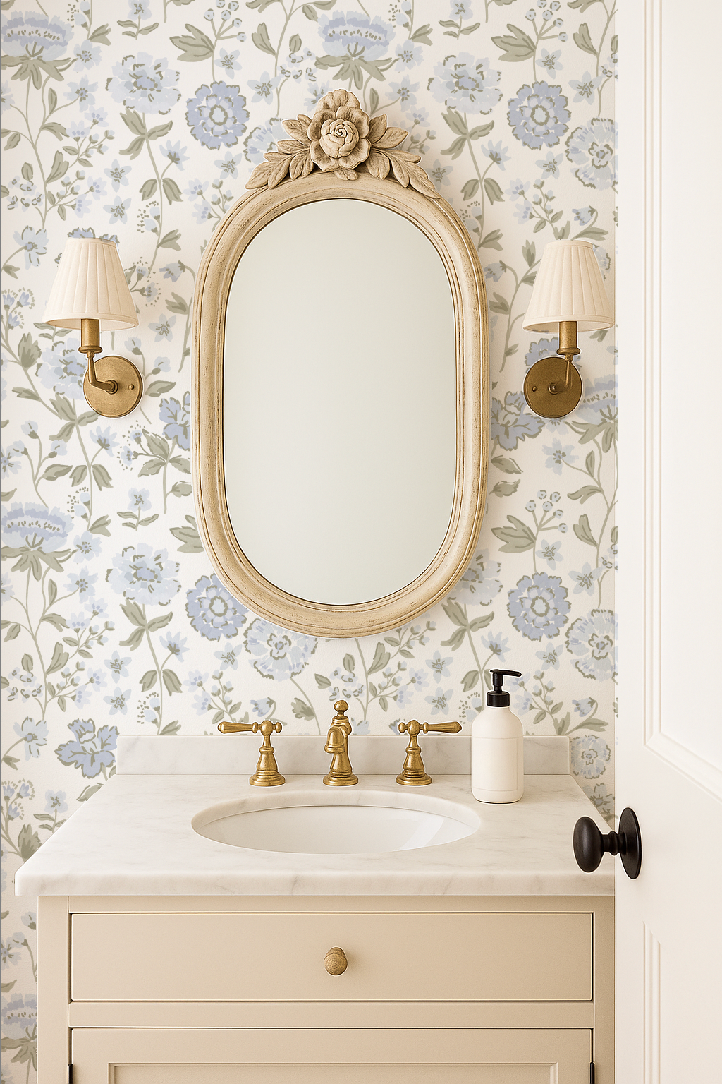 blue floral wallpaper in classy bathroom with vintage wall sconse and victorian style room.
