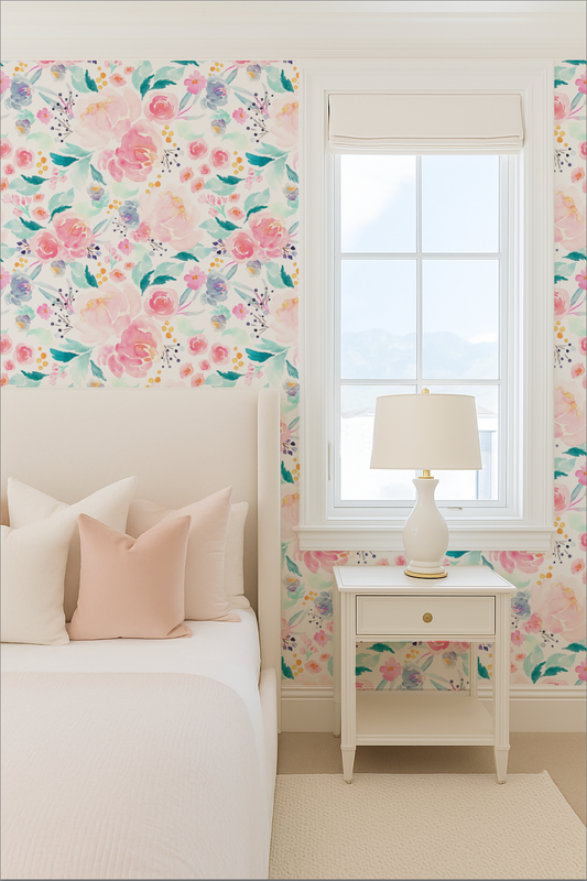 Bedroom with floral wallpaper, bed, and side table.