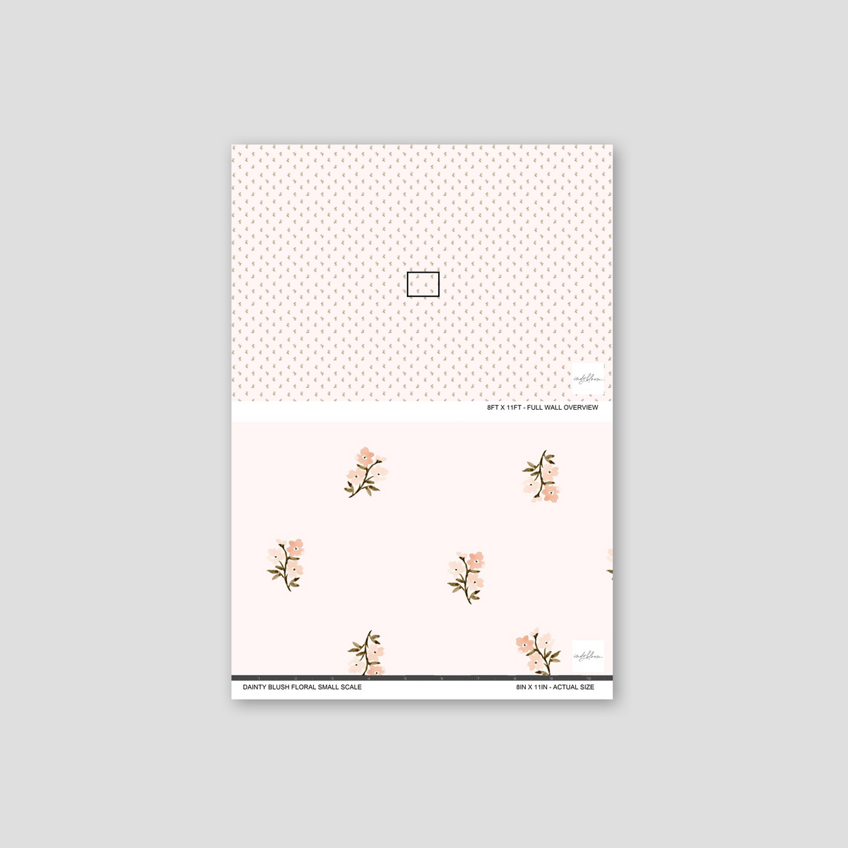 Dainty blush floral wallpaper sample with small scale pattern on pale background.