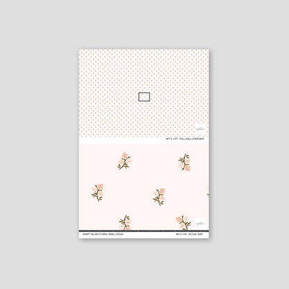 Dainty blush floral wallpaper sample with small scale pattern on pale background.