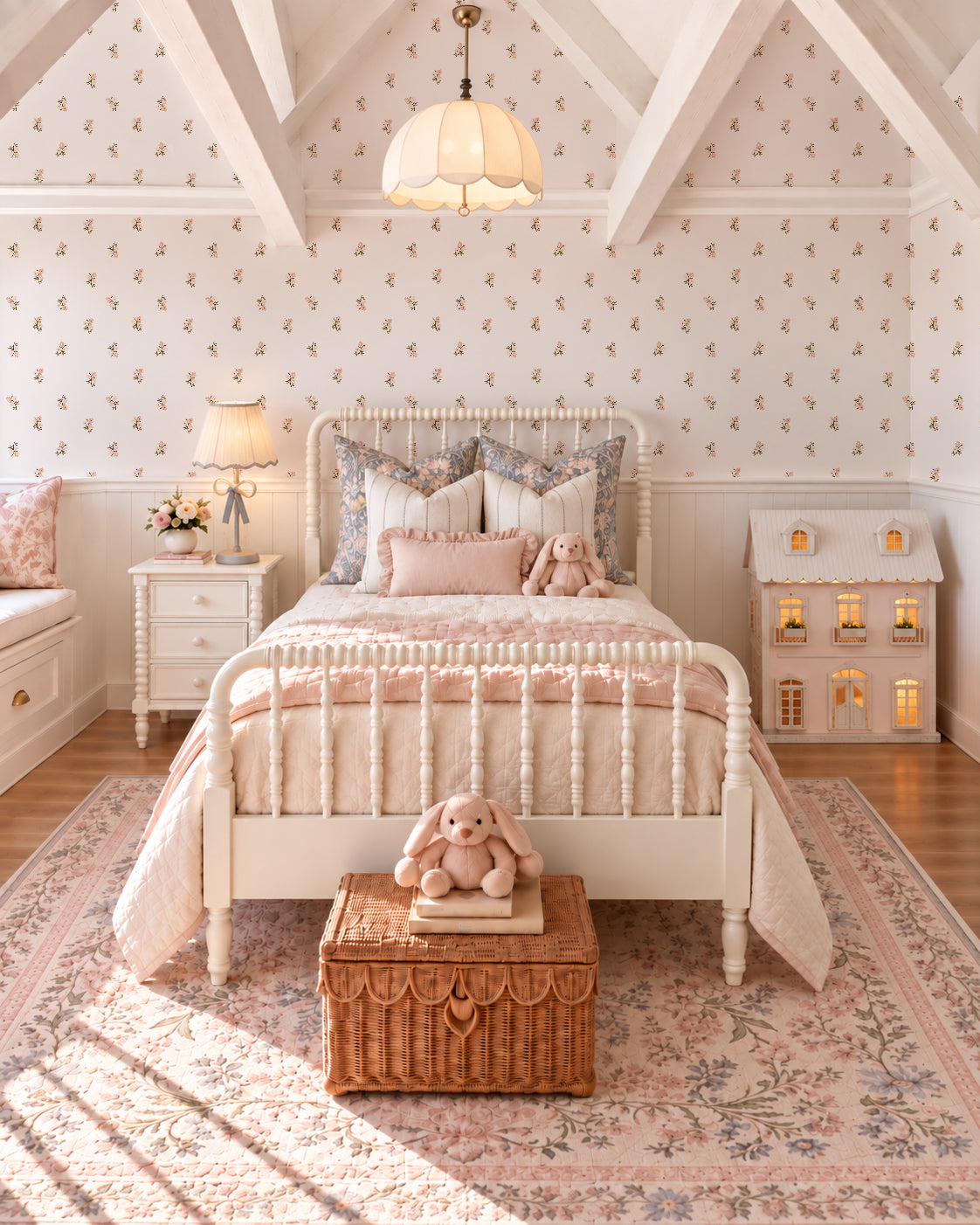 Dainty blush floral wallpaper in cozy bedroom with vintage decor and soft lighting.