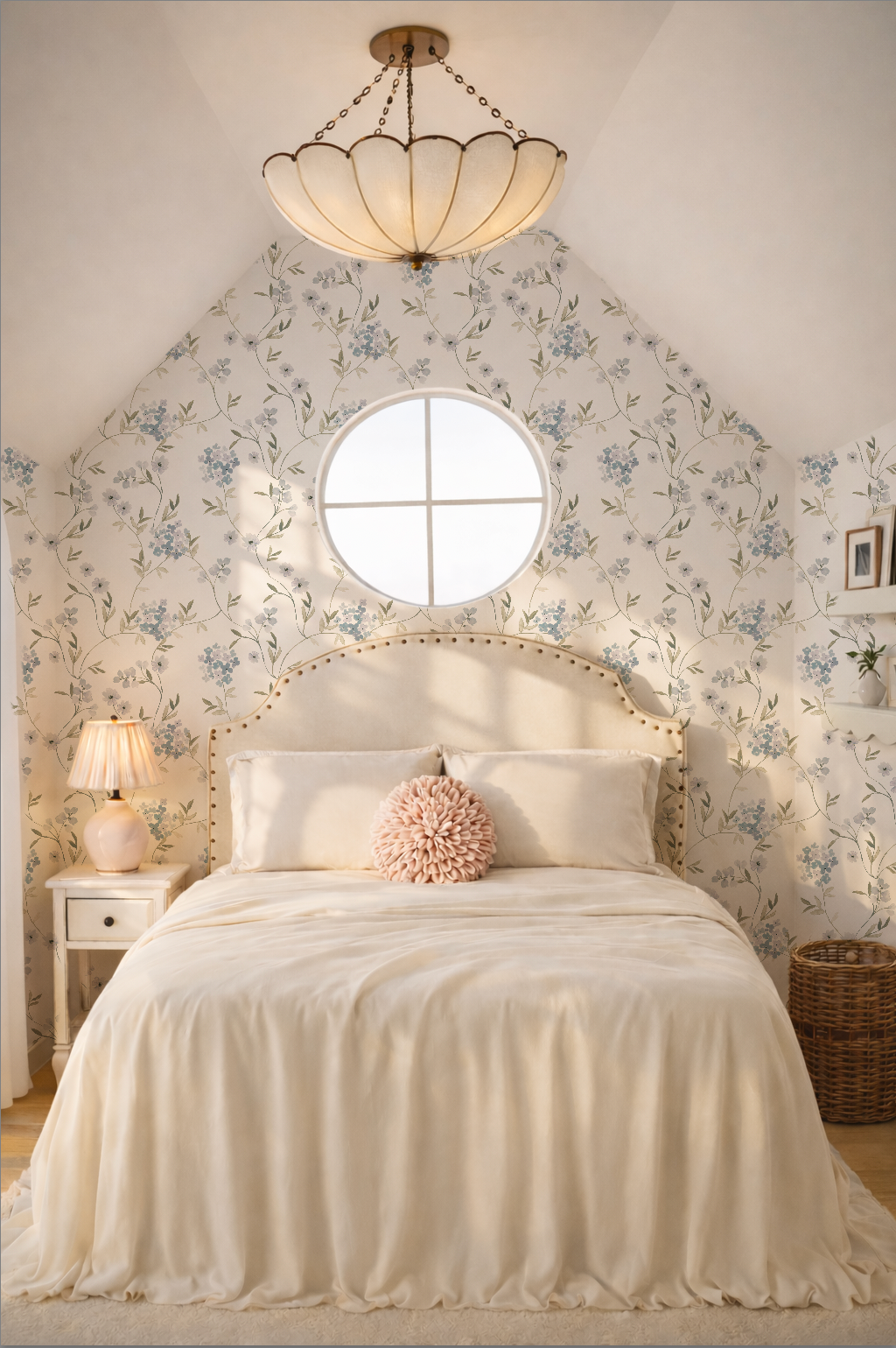 Floral wallpaper with hydrangeas in cozy bedroom setting