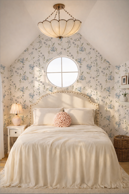 Floral wallpaper with hydrangeas in cozy bedroom setting