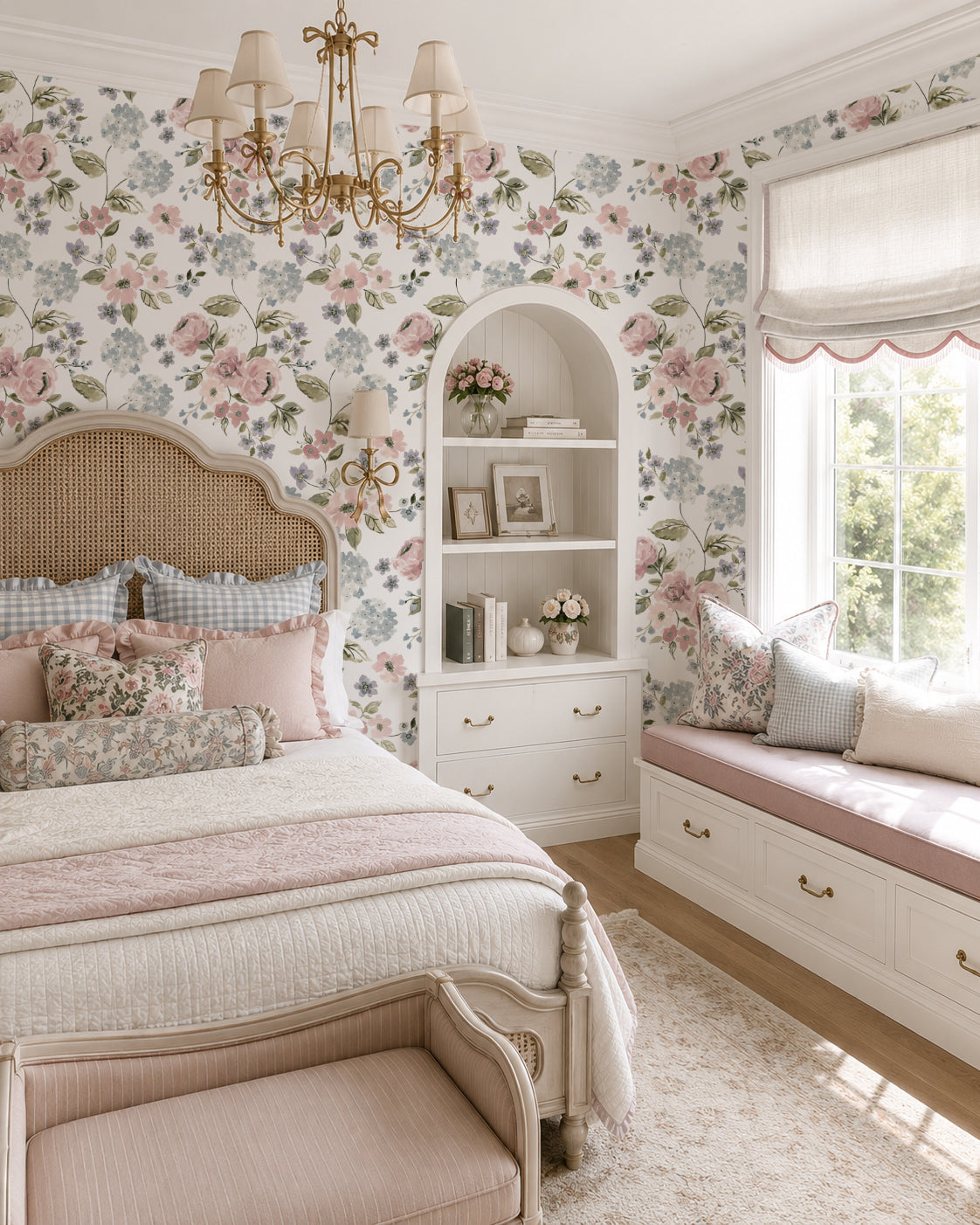 Floral wallpaper with pink and blue hydrangeas in a vintage-style bedroom.