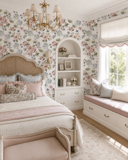 Floral wallpaper with pink and blue hydrangeas in a vintage-style bedroom.