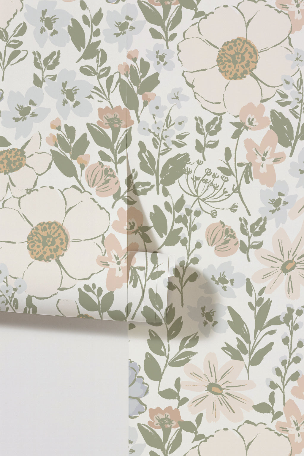 Floral ivy wallpaper with sage, blush, and sky blue botanical pattern.
