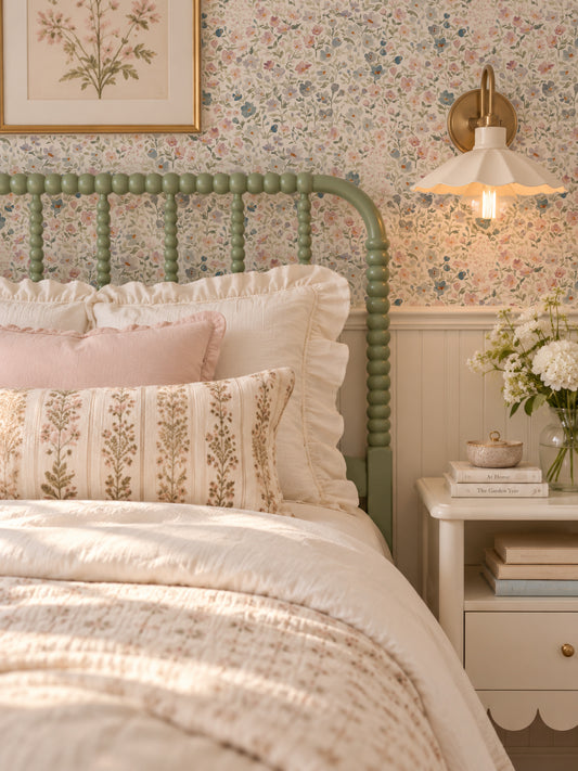 Floral wallpaper with blush, lavender, and sage in a cozy bedroom setting.