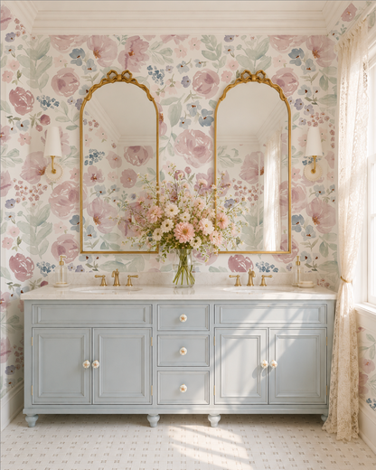 Floral wallpaper with blush pink, blue, and green blooms in elegant bathroom setting.