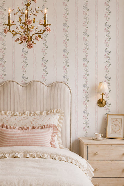 Floral wallpaper with pink and blue flowers in a cozy bedroom setting.