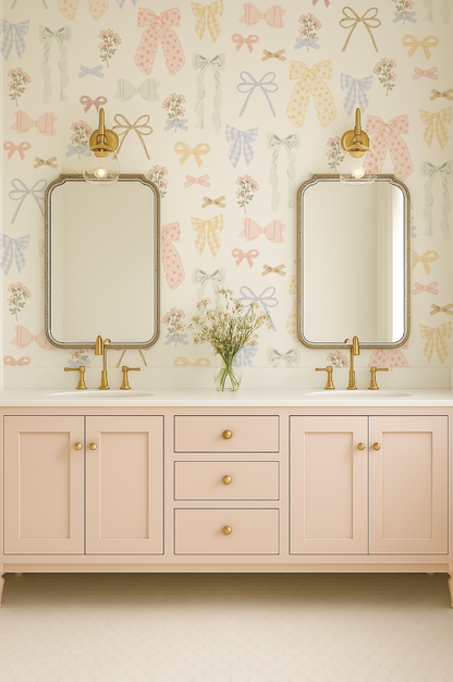 Bathroom vanity with two mirrors, gold fixtures, and a decorative wallpaper with bows.