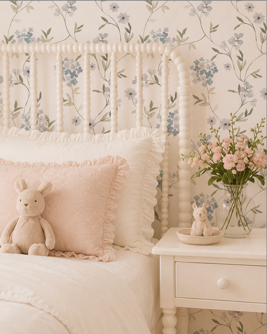 Children's bedroom with floral wallpaper, bed with pillows and teddy bear, and nightstand with flowers.