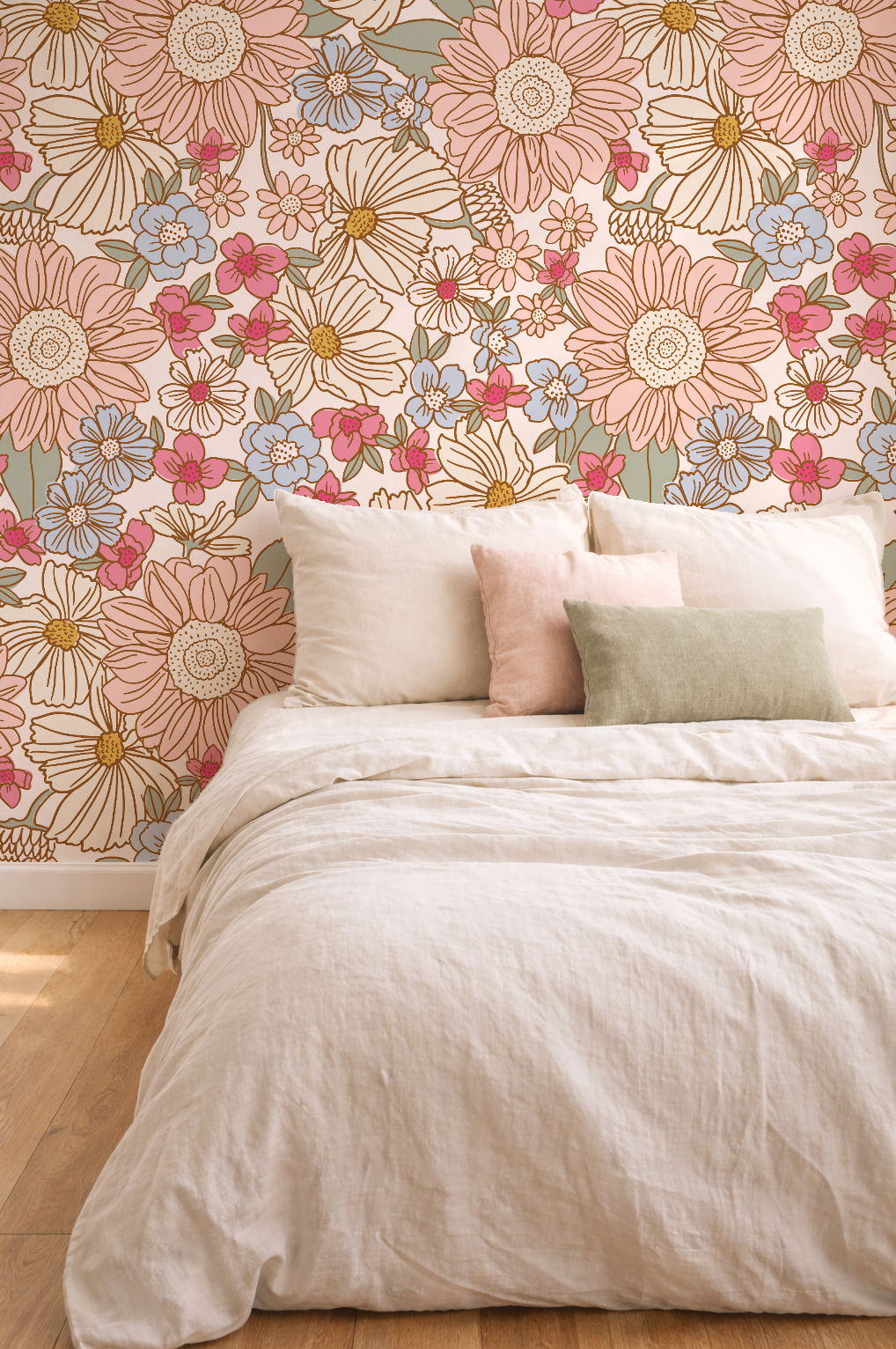 Bedroom with floral wallpaper and neutral bedding