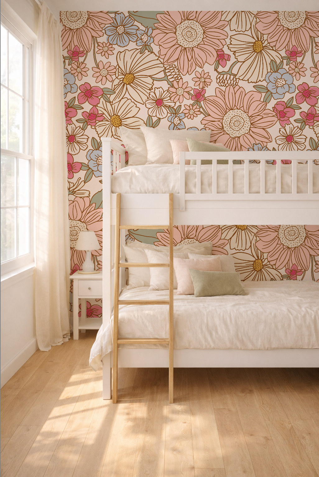 Bunk bed with floral wallpaper in a room with natural light